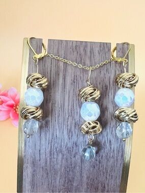 Gold plated earrings, pendant & necklaces set, crystal & white beads
